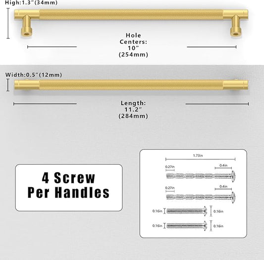 10 Pack Brushed Gold Knurled Cabinet Pulls 10 Inch(254mm) Kitchen Cabinet Handles Solid Zinc Alloy Cabinet Hardware Drawer Pulls