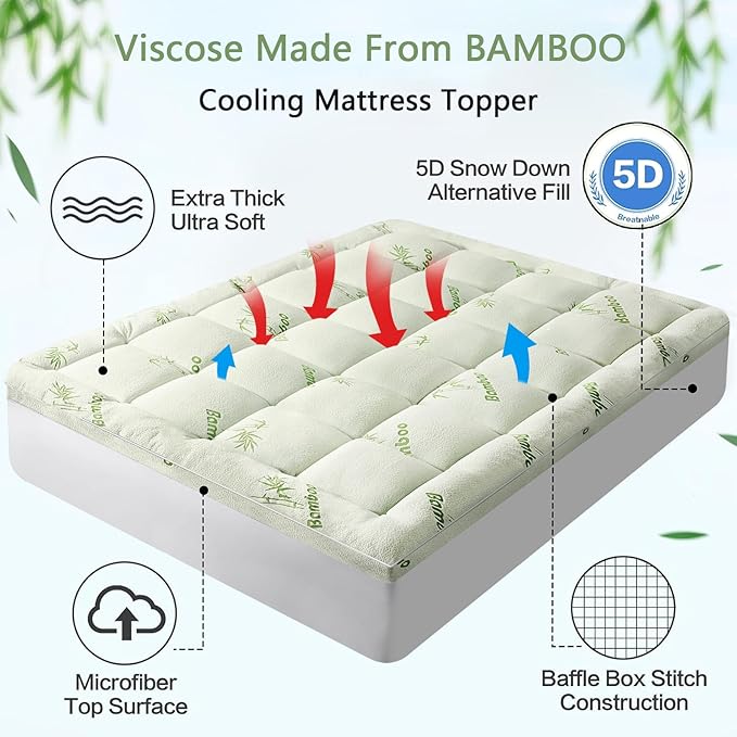Premium Viscose Made from Bamboo California King Size Mattress Topper for Back Pain, Quilted Fitted Extra Thick Mattress Pad,Pillow Top Mattress Cover with Deep Pocket Up to 21 Inches（72 * 84inch）