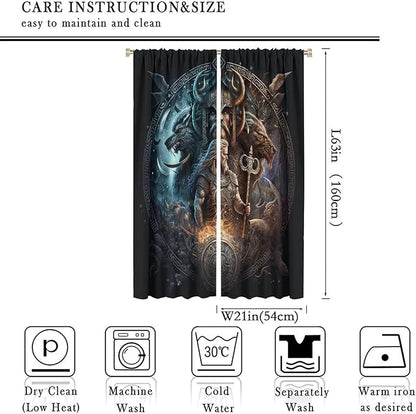 Cool Norse Viking Theme Curtains - Fantasy Ancient Symbols Wildlife Wolf Nordic Vikings Thermal Insulated Blackout Curtains - Rod Pocket Window Treatment Drapes for Bedroom 2 Panels 63L x 21W