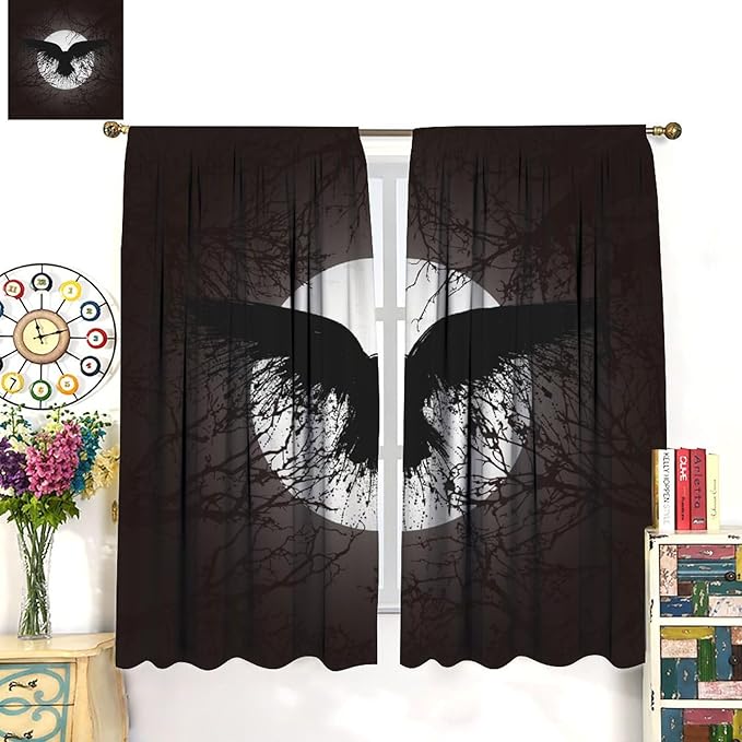 Cool Raven Print Curtains for Bedroom - Vintage Nordic Viking Theme Dead Tree Crow Full Moon Window Treatment,Energy Saving Thermal Insulated Rod Pocket Bedroom Blackout Curtains 2 Panels 72L x 31.5W