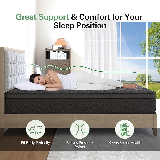 Full Mattress, 14 Inch Hybrid Mattresses Black Euro Top Medium Firm for Back & Lumbar Support, 100 Night Trial, Individual Pocket Spring Bed for Motion Isolation & Pressure Relief