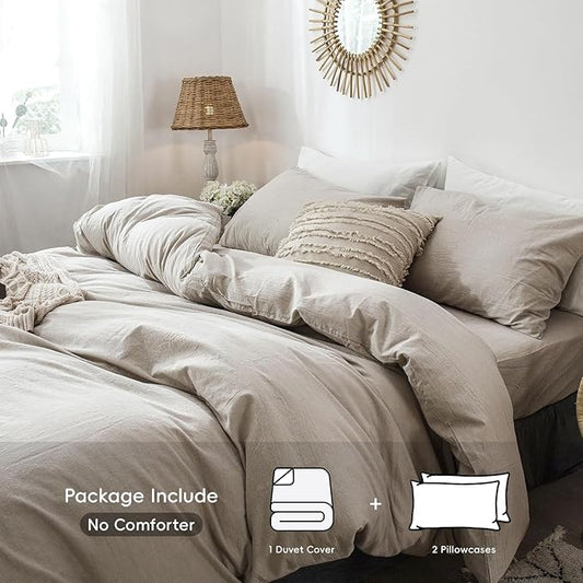 MooMee Bedding Duvet Cover Set 100% Washed Cotton Linen Like Textured Breathable Durable Soft Comfy (Heathered Tannish Linen Grey, Super King Plus 120"x120")