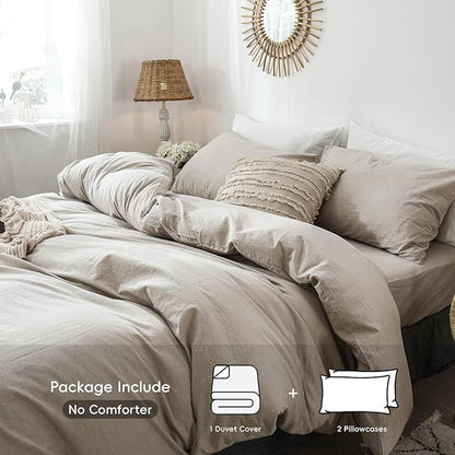 MooMee Bedding Duvet Cover Set 100% Washed Cotton Linen Like Textured Breathable Durable Soft Comfy (Heathered Tannish Linen Grey, Oversized Full 82"x86")