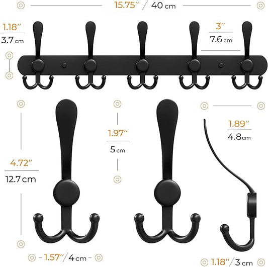 Coat Rack Wall Mount with 5 Tri Hooks, Stainless Steel 16 Inch – Black Matte Finish, Heavy Duty Wall Mounted Hook Rack for Coats, Hats, Towels, Scarfs, Robes, Bags, Entryway & Bathroom - 4 Pack