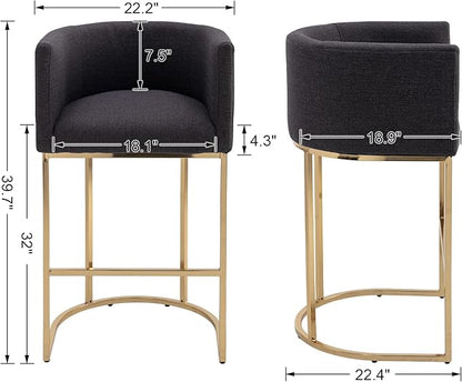 Modern Counter Height Linen Upholstered Bar Stools Set of 2, 32" Kitchen Counter Island Stools Bar Chairs with Gold Metal Frame for Kitchen Island, Charcoal