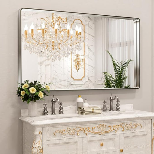 LOAAO 60X36 Inch Brushed Nickel Bathroom Mirror, Rounded Rectangle Silver Metal Frame Mirror, Brushed Nickel, Anti-Rust, Shatter Proof, Hangs Horizontally or Vertically