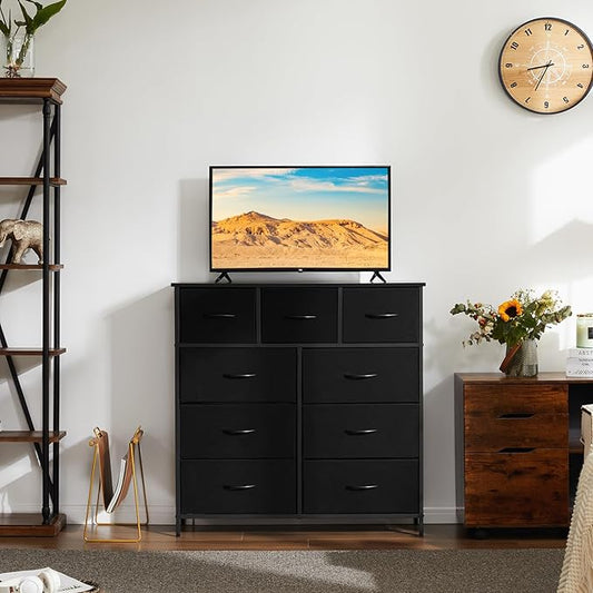 DUMOS Dresser for Bedroom, Storage Organizer with 9 Drawers, Chest of Drawers with Fabric Bins, Sturdy Metal Frame, Wood Tabletop for Guest Room, Closet, Entryway, Nursery