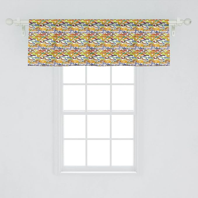 Lunarable Superhero Window Valance Pack of 2, Retro Comic Book Expressions Humor Cartoon Scream Crash Pow Vintage Design, Rod Pocket Curtain Valances for Kitchen Bedroom, 54" X 18", Red Yellow