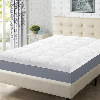 Superior Mattress Topper, Down Alternative, 2 Inch Deep Sized Bed Pillow Top, Comfort Pad, Fluffy Mattress-Topper Protector, Plush Cooling Extra Soft, Hotel Quality, Sleep, All-Season, Queen, White