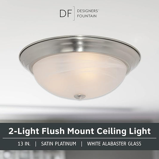 DESIGNERS FOUNTAIN Reedley 2-Lights Flush Mount Ceiling Light, 13 Inch Lighting Fixture for Kitchen, Bedroom, Bathroom, and Hallway, White Alabaster Glass, Satin Platinum, 1257M-SP-AL