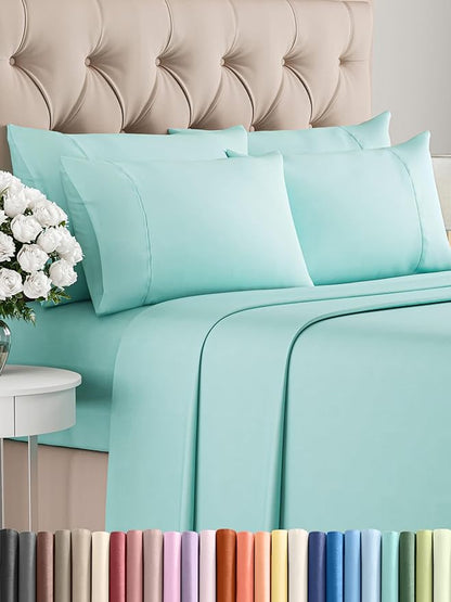 King Sheets Set 6 Piece - Includes 4 Pillowcases - Bed Sheets King Size - Soft Hotel Luxury Bedding - Cooling, Comfy, Cozy & Breathable - 1 Flat & 1 Fitted & 4 Pillowcases w/ Deep Pockets - Spa Blue