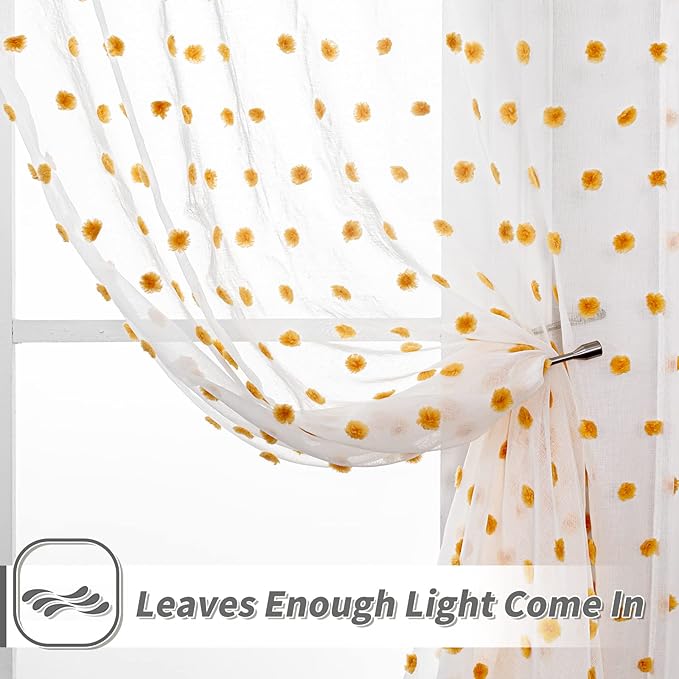 MYSKY HOME Orange Pom Pom Sheer Curtains for Girls Bedroom & Nursery - 72 Inch Long, 2 Panels, Light Filtering, Rod Pocket, Semi Window Drapes - 52 x 72 inch
