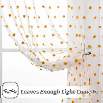 MYSKY HOME Pom Pom Curtains for Girls Bedroom 63 Inch Burnt Orange Curains for Nursery Kids Room Sheer Curtains for Living Room Dining Room Rod Pocket Small Window 52" x 63" Set of 2