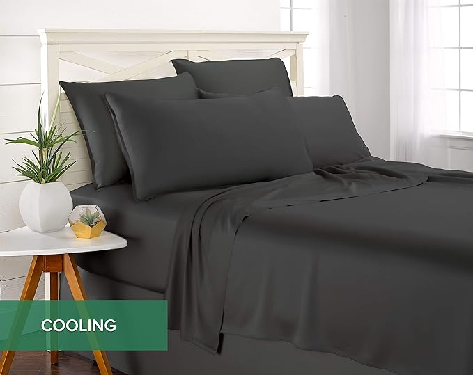 Queen Sheets by Pure Bamboo, Genuine 100% Organic Viscose Derived from Bamboo Bed Sheet Set, Luxuriously Soft & Cooling, Double Stitching, Lifetime Quality Promise (Queen, Charcoal)