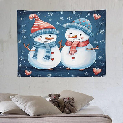 Tapestry Snowman Couple Wall Art Tapestry for Bedroom Aesthetic Cute Snowman with Hat And Scarf Tapestry As Wall Art Home Decor for Room Landscape 30"x40" Tapestries Winter Snowflake Decorative