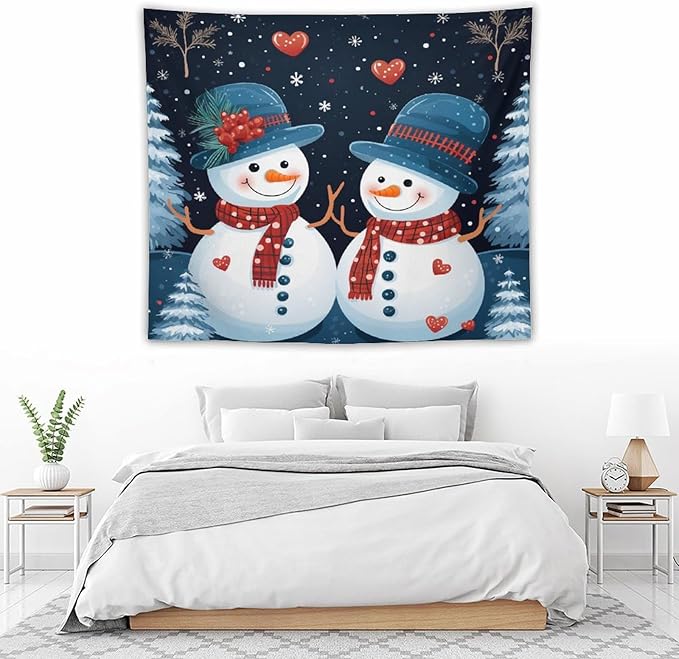 Tapestry Snowman Couple Wall Hanging Wall Tapestry Aesthetic Winter Snowflake Cute Cartoon Funny Snowman Wall Tapestries Wall Hanging Decor Tapestry for Bedroom Aesthetic Alt Room Landscape 50"x60"