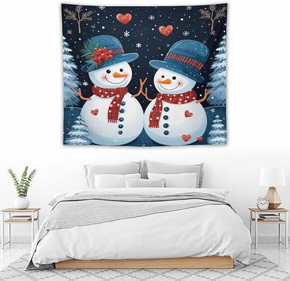Tapestry Snowman Couple Wall Hanging Wall Tapestry Aesthetic Winter Snowflake Cute Cartoon Funny Snowman Wall Tapestries Wall Hanging Decor Tapestry for Bedroom Aesthetic Alt Room Landscape 50"x60"