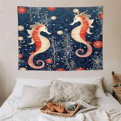 Seahorse Christmas Kiss Beach Tapestry Wall Hanging Vintage Ocean Seahorse Vintage Aesthetic Tapestry Wall Hanging Landscape Tapestry Wall Art for Home Decor 30"x40" Christmas Family Party