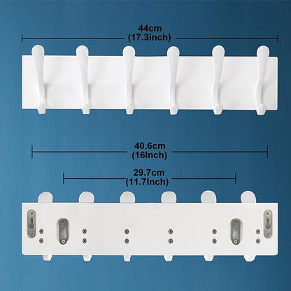 SKOLOO Coat Rack Wall Mount - Wooden White Wall Coat Hook, Wall Coat Hanger Rack with 6 Hooks for Hanging Coats, Hats, Clothing, Scarfs, White