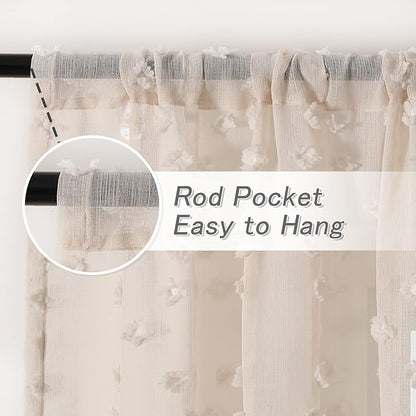 MYSKY HOME Pom Pom Beige Sheer Curtains for Bedroom Girls Room Curtains 108 Inches Long for Nursery Kids Light Filtering Boho Window Drapes, Rod Pocket, 52" Wide, 2 Panels