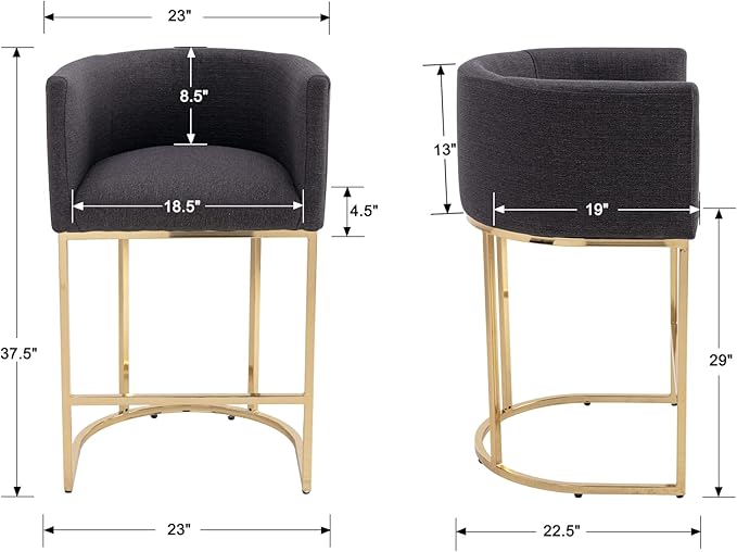 Modern Counter Height Linen Upholstered Bar Stools Set of 2, 29" Kitchen Counter Island Stools Bar Chairs with Gold Metal Frame for Kitchen Island, Charcoal