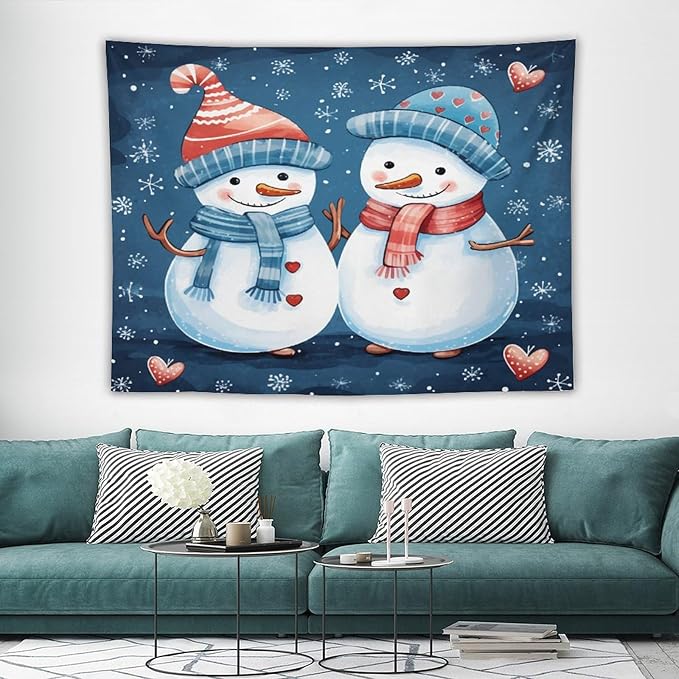 MaSiledy Tapestry Snowman Couple Tapestries for Bedroom Aesthetic Christmas Cute Snowman Tapestry As Wall Art Wall Hanging Decor for Bedroom Landscape 60"x80" Xmas Wall Hanging Polyester Tapestries
