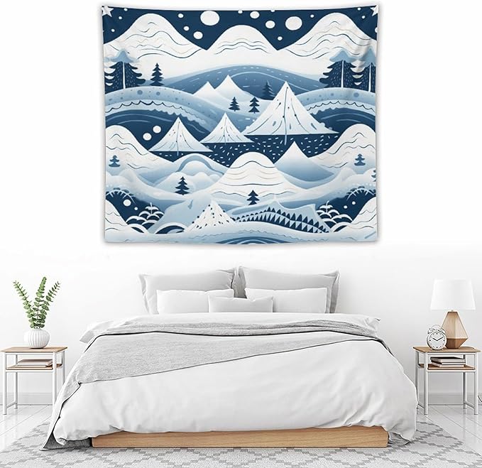 Wall Tapestry Snow Mountain Scandinavian Winter Tapestry Happy New Year Vintage Aesthetic Tapestry Wall Hanging Wall Art for Bedroom Wall Hanging for Room 50"x60" Christmas Family Party