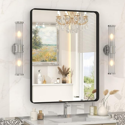 22x30 Inch Black Metal Framed Mirror for Bathroom, Matte Black Vanity Mirror, Rounded Rectangle Bathroom Mirror, Anti-Rust, Shatterproof (Horizontal/Vertical)