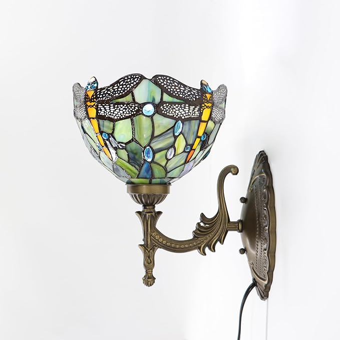 Tiffany Sconce Lamp Stained Glass Wall Lamp,8X10.5X11 Inch Plug in Wall Bedside Light for Hallway Bedroom (Brown Dragonfly)