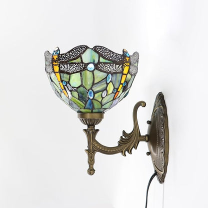Tiffany Sconce Lamp Stained Glass Wall Lamp,8X10.5X11 Inch Plug in Wall Bedside Light for Hallway Bedroom (Brown Dragonfly)