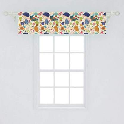 Lunarable Fall Window Valance, Hedgehog Pigeon and Mushroom with Autumn Season Themed Forest Design Falling Leaves, Curtain Valance for Kitchen Bedroom Decor with Rod Pocket, 54" X 12", Navy Beige