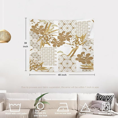 Batmerry Gold Japanese Floral Tapestry, Spring Wall Art Hanging Decoration Polyester Fiber White Ruffled Around For Dorm Room Bedroom Living Room, 30 X 40 Inches