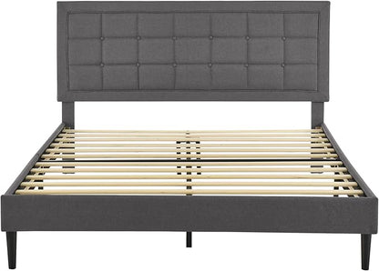 Decoro Mornington Upholstered 2.0 Platform Bed, Button-Tufted Fabric Headboard and Metal Frame with Wood Slat Support, Light Grey, Full