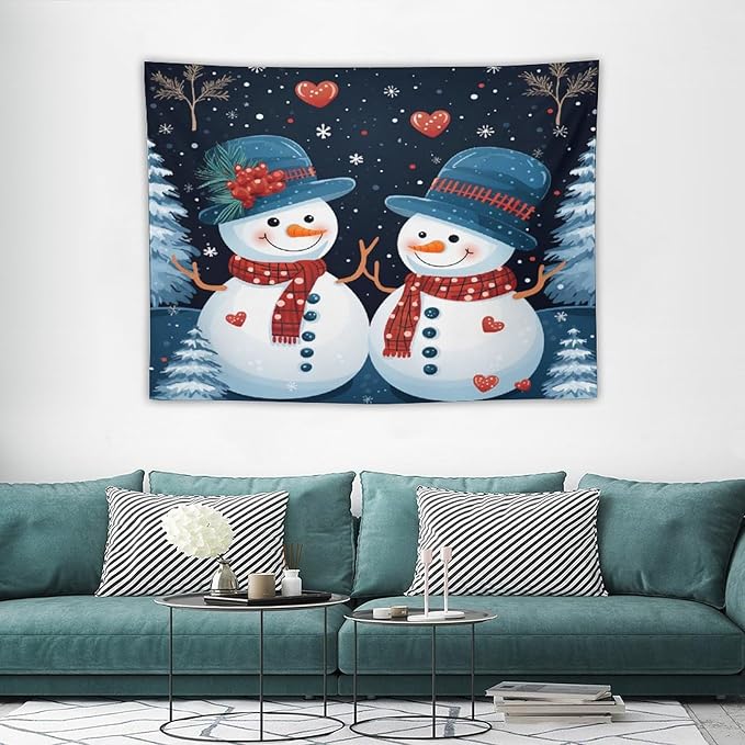 MaSiledy Tapestries Snowman Couple Tapestry Vintage Christmas Cute Snowman Tapestries for Bedroom Wall Art for Bedroom Living Room Decor Home Decor 30"x40" Xmas Wall Hanging Polyester Tapestries