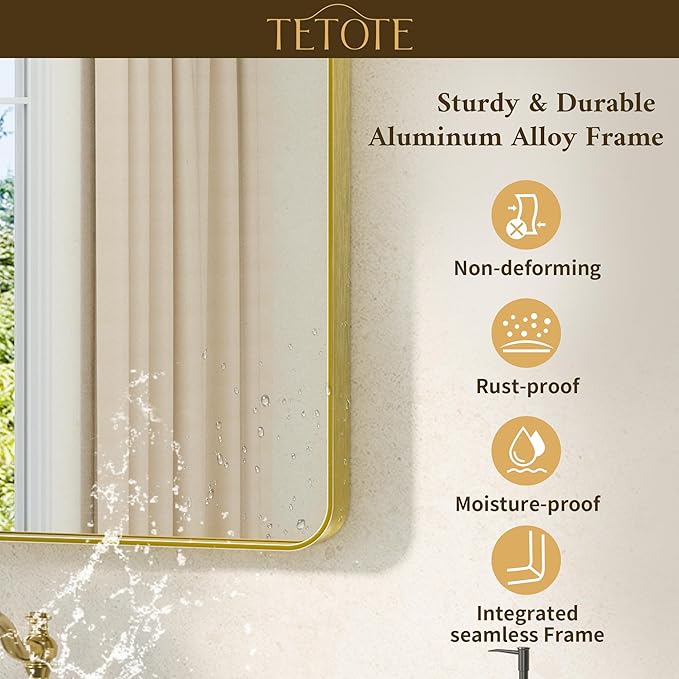 TETOTE Gold Framed Mirror 36 x 36 Vanity Mirrors for Wall Decor Brushed Gold Bathroom Mirrors, Tempered Glass, Modern Farmhouse Wall Mounted Mirror for Decorative(Horizontal/Vertical)