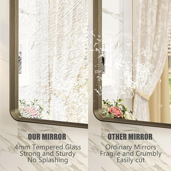 50x40 Inch Bronze Metal Framed Bathrrom Mirror, Brushed Metal Bathroom Vanity Mirrors for Wall, Rounded Corner Bronze Rectangle Mirror for Farmhouse, Bedroom, Anti-Rust (Horizontal/Vertical)