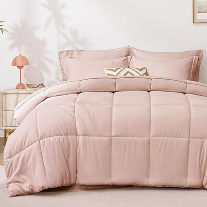 Love's cabin King Size Comforter Set Blush Pink, 7 Pieces King Bed in a Bag, All Season Bedding Sets with 1 Comforter, 1 Flat Sheet, 1 Fitted Sheet, 2 Pillowcase and 2 Pillow Sham