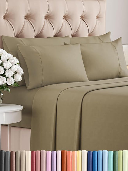 Full 6 Piece Sheet Set - Comfy Breathable & Cooling - Ultra Soft Hotel Luxury Bedding Set with 8-16 Inch Deep Pockets - 1 Flat & 1 Fitted Sheet & 4 Pillowcases - Cozy, Wrinkle Free & Easy Care - Khaki