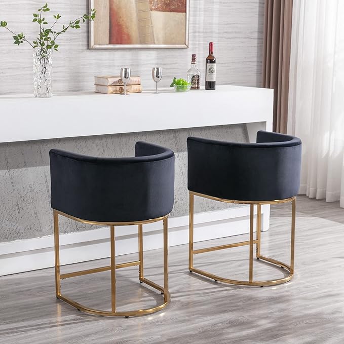 Modern Counter Height Velvet Upholstered Bar Stools Set of 3, 24" Kitchen Counter Island Stools Bar Chairs with Gold Metal Frame for Kitchen Island, Black