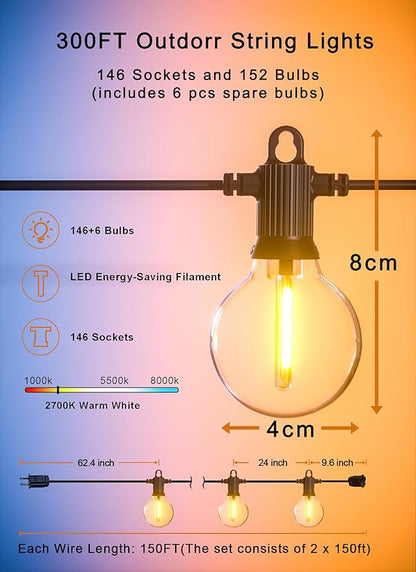 Outdoor String Lights Waterproof, 300FT Patio Lights with 146 Shatterproof G40 Globe Bulbs(6 Spare), Connectable Dimmable LED Hanging String Lights for Outside Backyard Porch Balcony (150FT x 2)
