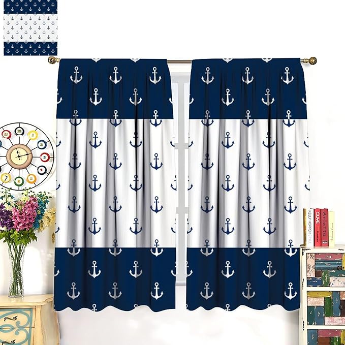 Anchor Pattern Curtains, Nautical Theme Navy Blue White Anchor Sea Life Adventure Print Blackout Window Treatments for Living Room Boys Men's Bedroom 63x72in