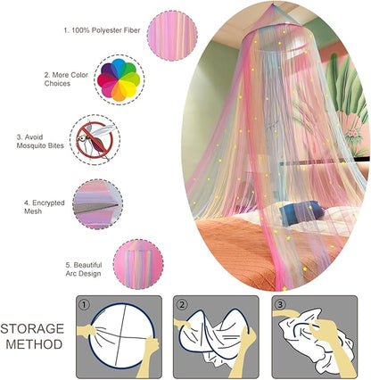 Eimilaly Princess Rainbow Bed Canopy with Stars Glow in The Dark, Bed Canopy for Girls Room Decor or Unicorn Theme Party