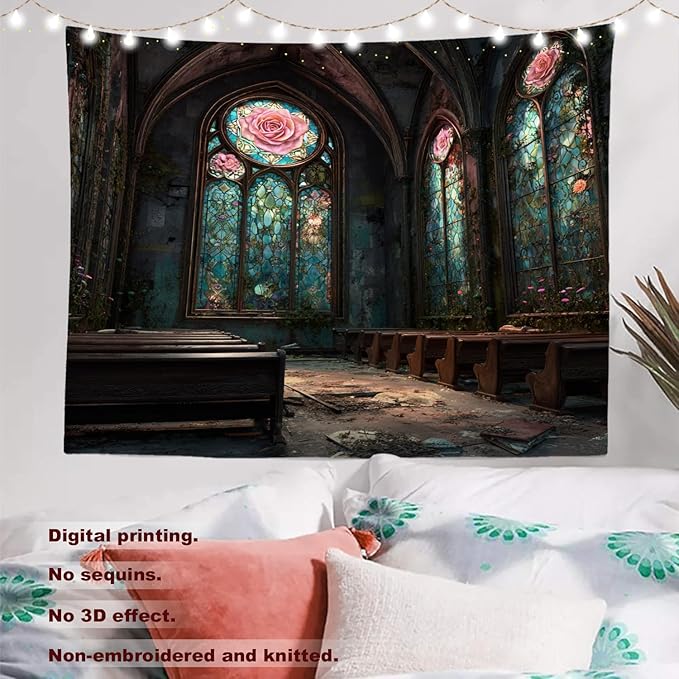 Batmerry Abandoned Chapel Tapestry, Stained Glass Roses Broken Pews Wall Art Hanging Decoration Polyester Fiber White Ruffled Around for Dorm Room Bedroom Living Room, 59.1x82.7 inches