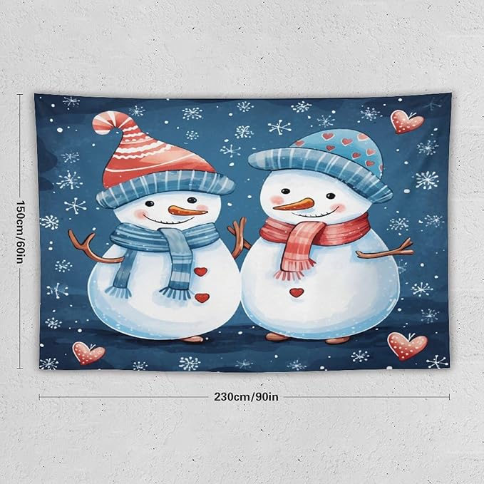 Snowman Couple Tapestries Winter Snowflake Cute Cartoon Funny Snowman Tapestry Vintage Aesthetic Tapestries Landscape Tapestry Bedroom Wall Decor Living Room 60"x90" Christmas Family Party