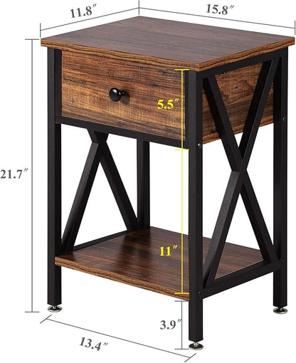 VECELO Nightstands Set of 2, Modern Bedside End Tables, Night Stands with Drawer and Storage Shelf for Living Room Bedroom, Industrial Metal Frame