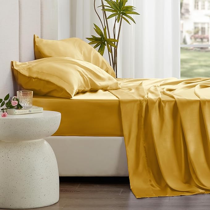 Love's cabin Twin XL Satin Sheet Sets - 3 Piece Gold Silky Bed Sheets with Deep Pockets, Luxury Silk Feel Satin Sheet Set Twin XL (1 Flat Sheet,1 Fitted Sheet,1 Pillow case)