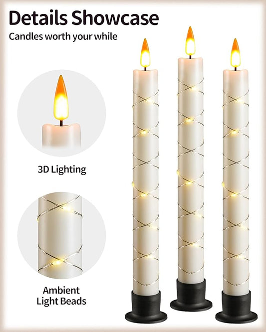 Da by 3 Flameless Window Candles with Remote Control & Timer, Battery Powered Surround Fairy Lamp, 9.6" Christmas Candle, Free 3 Black Bases for Home, Festive, Christmas, Wedding & Event Decoration