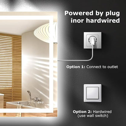 60X40 LED Bathroom Mirror with Lights, Anti-Fog, Dimmable, Backlit + Front Lit, Smart Bathroom Vanity Mirror, Memory Function, Shatterproof, Tempered Glass (Horizontal/Vertical)