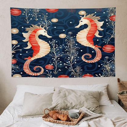 Seahorse Christmas Kiss Beach Tapestry As Wall Art Coastal Nautical Bedroom Tapestries Landscape Tapestry Wall Hanging for Bedroom Living Room Dorm Decor 40"x60" Christmas Family Party
