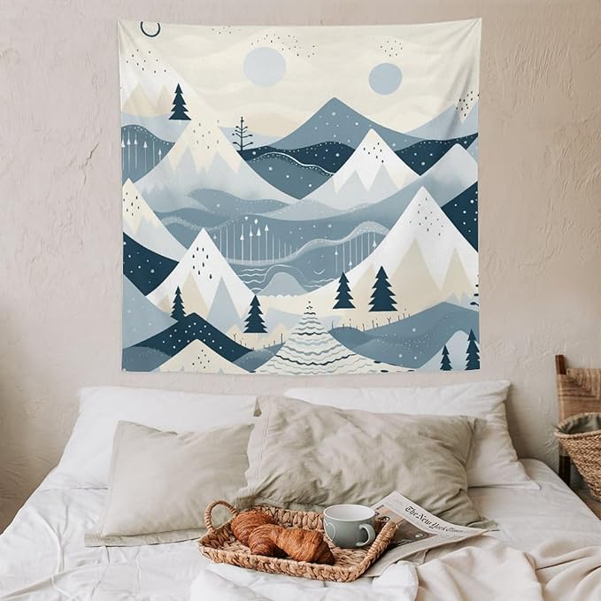 Wall Tapestry Snow Mountain Scandinavian Winter Tapestry Winter Holiday Tapestry Vintage Aesthetic Tapestries Wall Decor for Bedroom Living Room Dorm 60"x60" Tapestries Winter Snowflake Decorative
